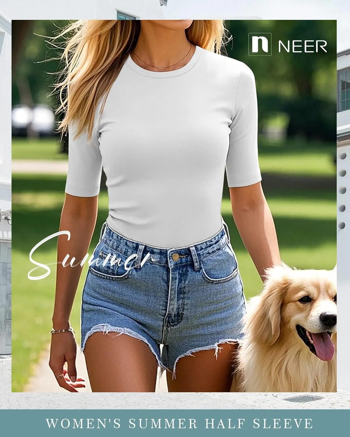 Neer 4 Pack Women's Half Sleeve Tops Cotton Crewneck Slim Fit 1/2 Sleeve T Shirts Stretchy Elbow Casual Summer Tees Bulk