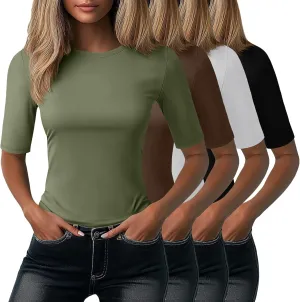Neer 4 Pack Women's Half Sleeve Tops Cotton Crewneck Slim Fit 1/2 Sleeve T Shirts Stretchy Elbow Casual Summer Tees Bulk