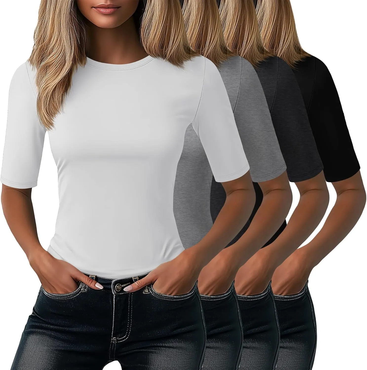 Neer 4 Pack Women's Half Sleeve Tops Cotton Crewneck Slim Fit 1/2 Sleeve T Shirts Stretchy Elbow Casual Summer Tees Bulk