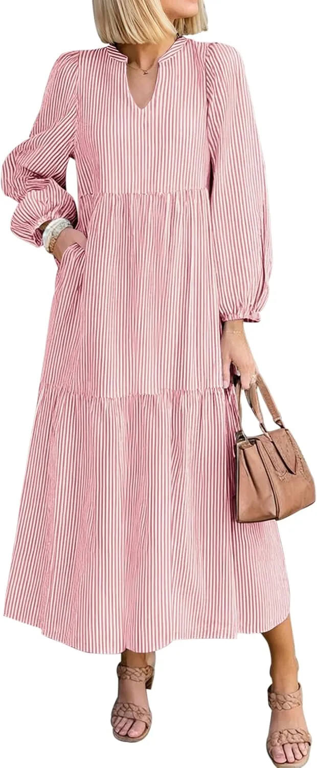 NENONA Women's 2025 Striped Long Sleeve Spring Maxi Dress V Neck Casual Flowy Lightweight Beach Vacation Dresses with Pockets