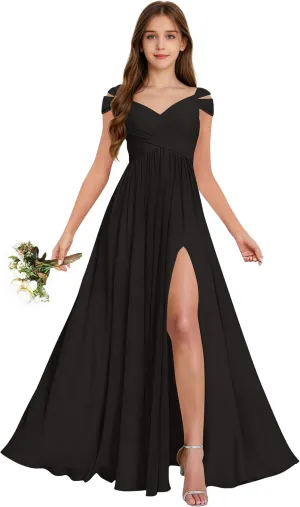 Off The Shoulder Junior Bridesmaid Dresses Pleated Chiffon Split Flower Girl Dress for Formal Wedding Gowns