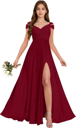Off The Shoulder Junior Bridesmaid Dresses Pleated Chiffon Split Flower Girl Dress for Formal Wedding Gowns