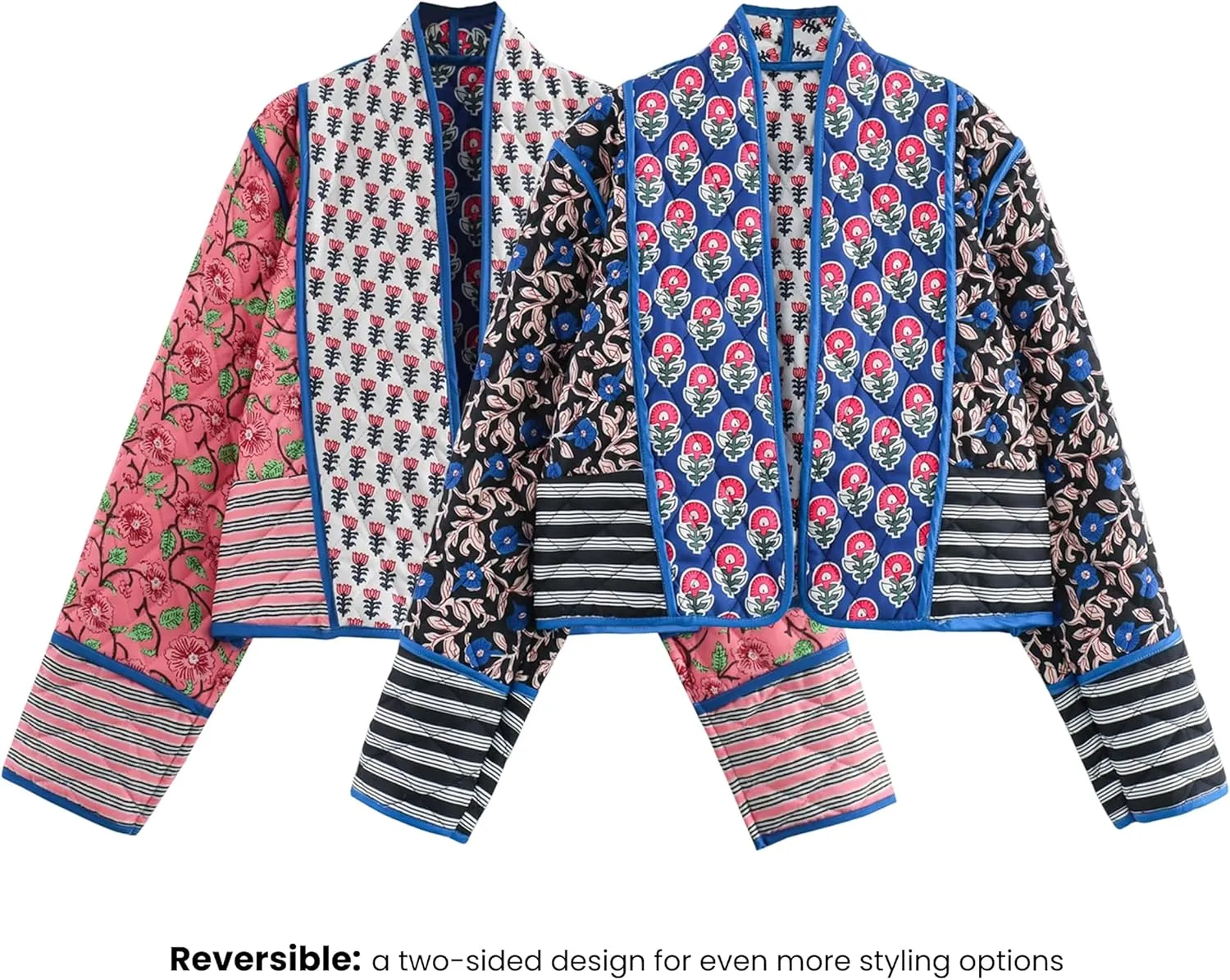 Omoone Women's Cropped Floral Quilted Jacket Cardigan Printed Lightweight Open Front Padded Puffer Coat