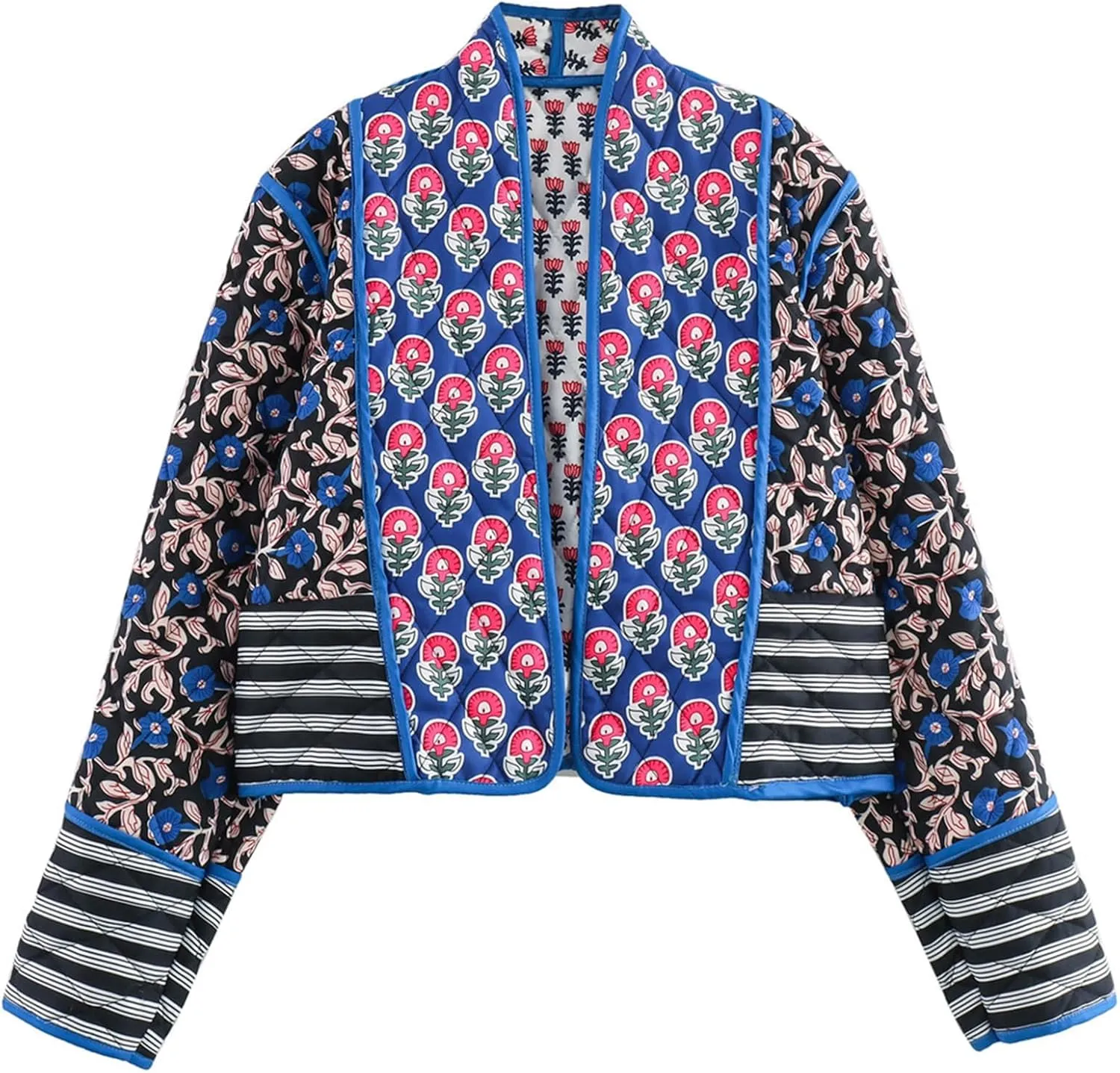 Omoone Women's Cropped Floral Quilted Jacket Cardigan Printed Lightweight Open Front Padded Puffer Coat