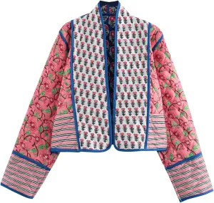 Omoone Women's Cropped Floral Quilted Jacket Cardigan Printed Lightweight Open Front Padded Puffer Coat