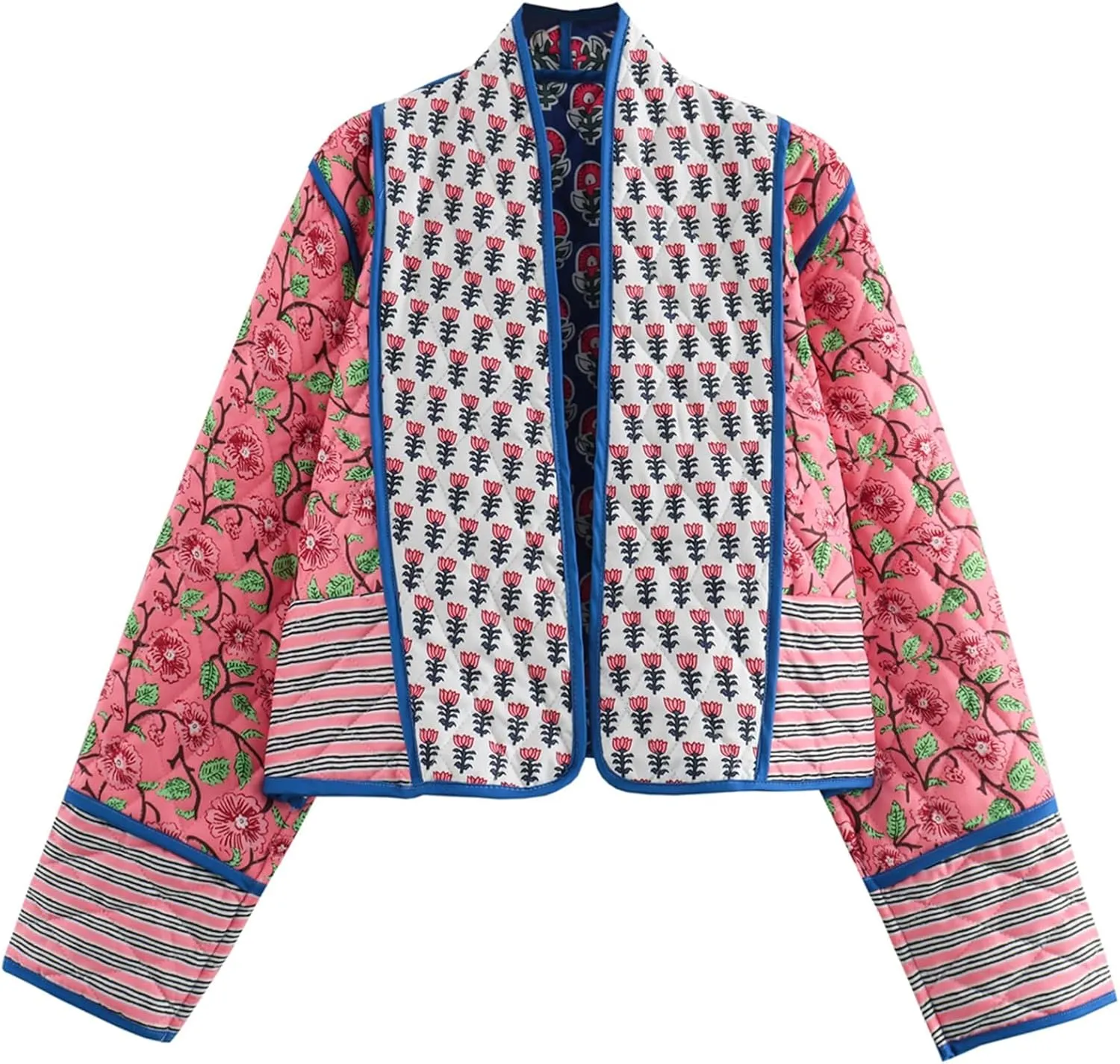 Omoone Women's Cropped Floral Quilted Jacket Cardigan Printed Lightweight Open Front Padded Puffer Coat