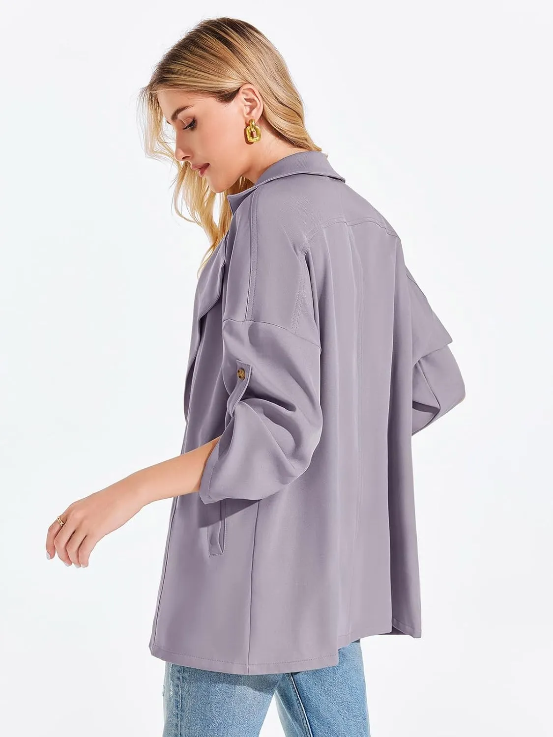 Onedreamer Women's Long Sleeve Roll Up Open Front Casual Jackets Trendy Lapel Collar Lightweight Blazer with Pockets