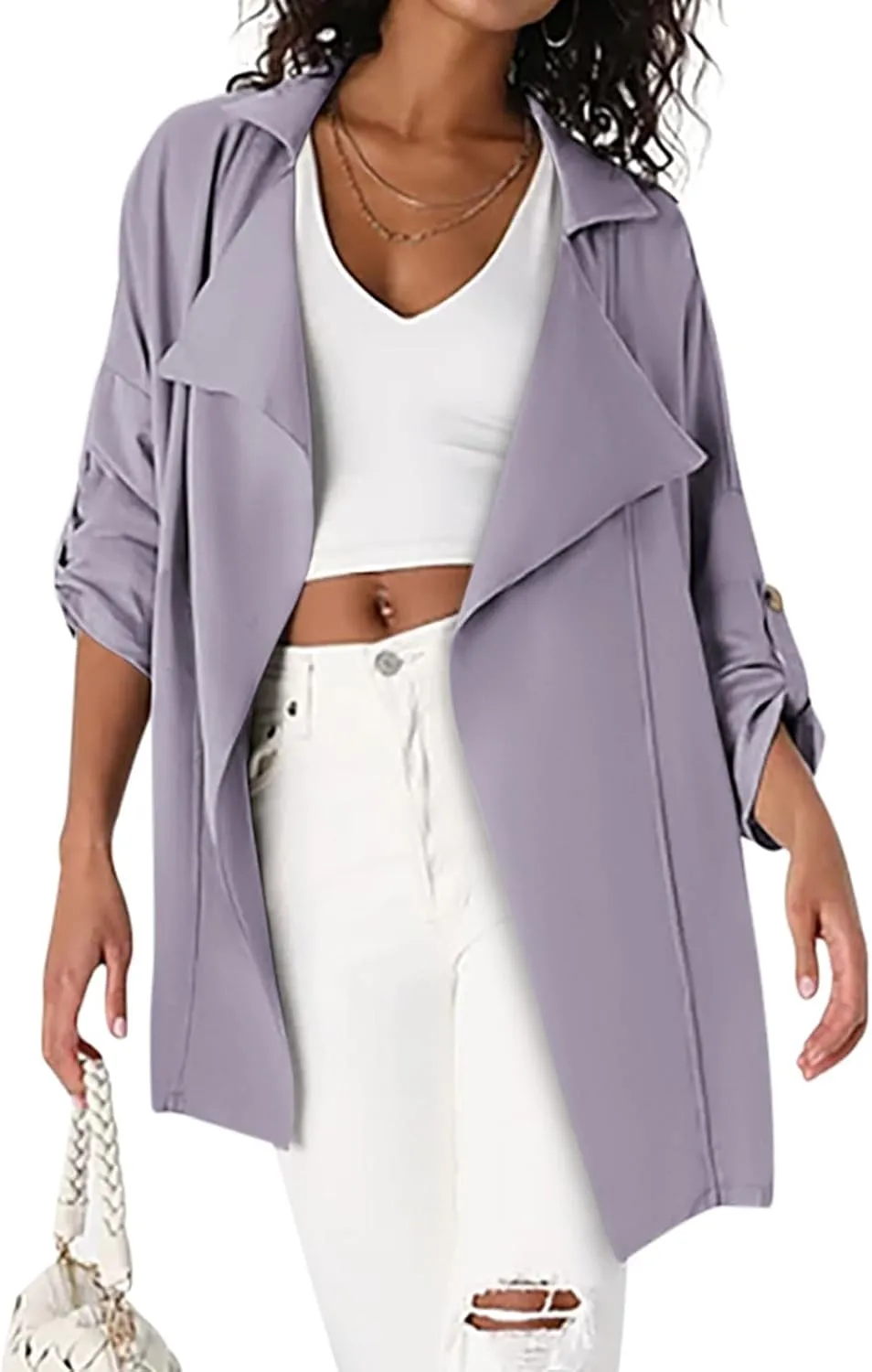 Onedreamer Women's Long Sleeve Roll Up Open Front Casual Jackets Trendy Lapel Collar Lightweight Blazer with Pockets