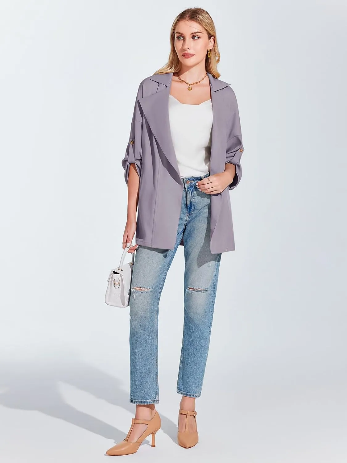 Onedreamer Women's Long Sleeve Roll Up Open Front Casual Jackets Trendy Lapel Collar Lightweight Blazer with Pockets