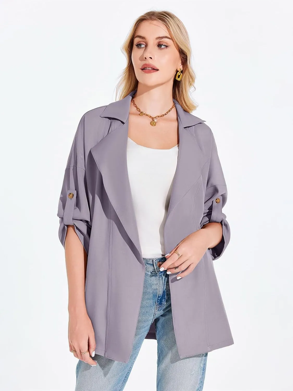Onedreamer Women's Long Sleeve Roll Up Open Front Casual Jackets Trendy Lapel Collar Lightweight Blazer with Pockets