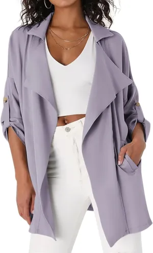 Onedreamer Women's Long Sleeve Roll Up Open Front Casual Jackets Trendy Lapel Collar Lightweight Blazer with Pockets
