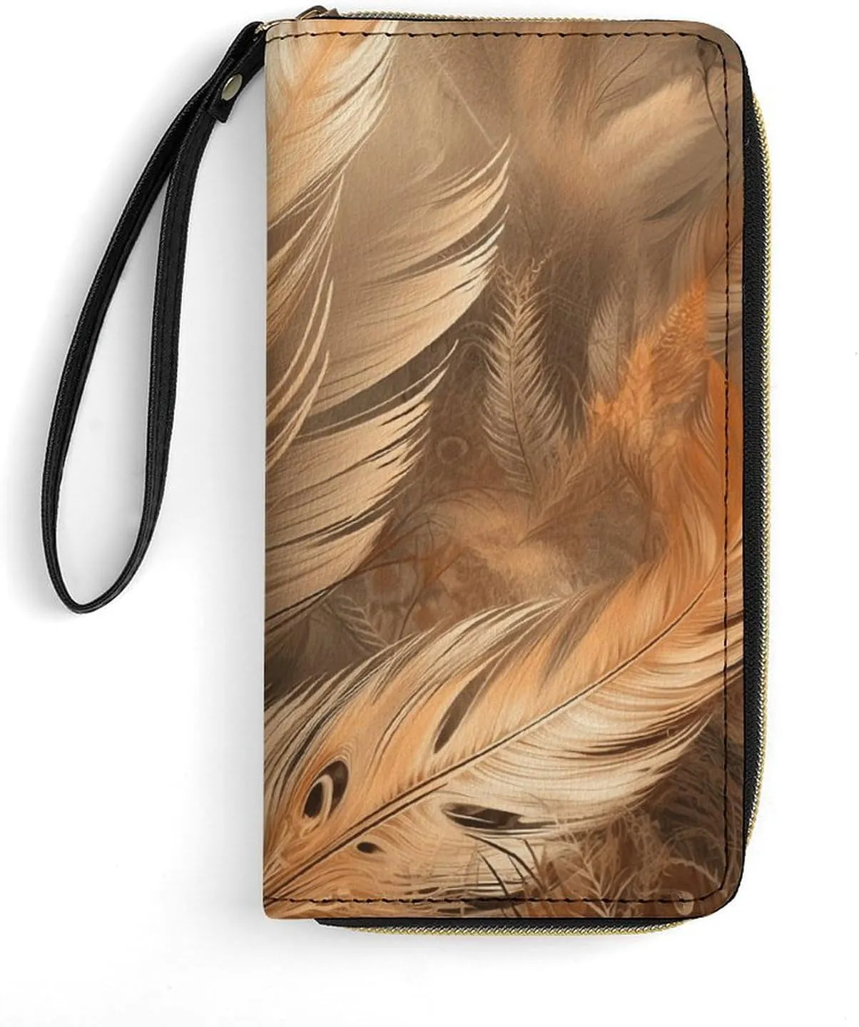 Orange Feather Shape Leather Wallet Smooth Zip Around Clutch Wristlet Travel Long Soft Purse for Women