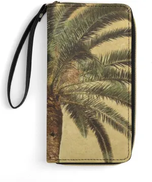 Palm Tree Tropical Leather Wallet Smooth Zip Around Clutch Wristlet Travel Long Soft Purse for Women