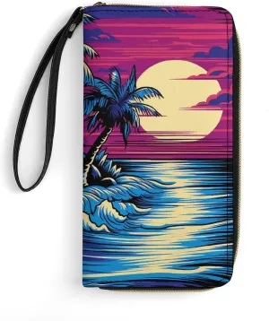Palm Trees And Water Leather Wallet Smooth Zip Around Clutch Wristlet Travel Long Soft Purse for Women