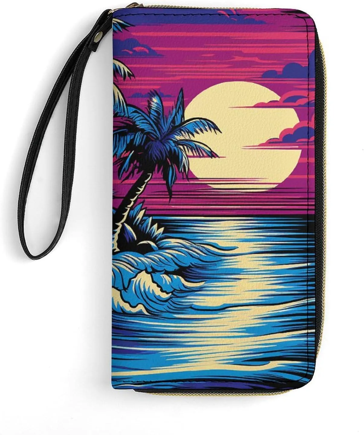 Palm Trees And Water Leather Wallet Smooth Zip Around Clutch Wristlet Travel Long Soft Purse for Women