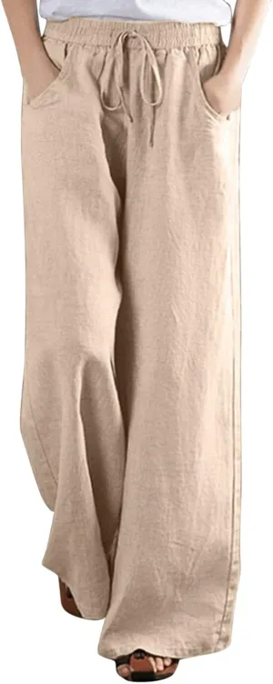 PANOEGSN Wide Leg Pants for Women Cotton Linen Casual Trousers High Rise Elastic Waist Sweatpants Comfort Loose Palazzo Pants