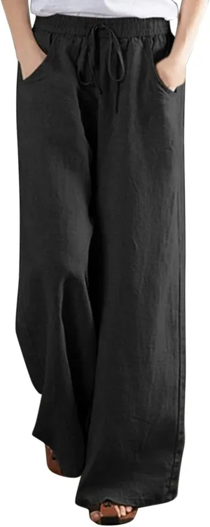 PANOEGSN Wide Leg Pants for Women Cotton Linen Casual Trousers High Rise Elastic Waist Sweatpants Comfort Loose Palazzo Pants