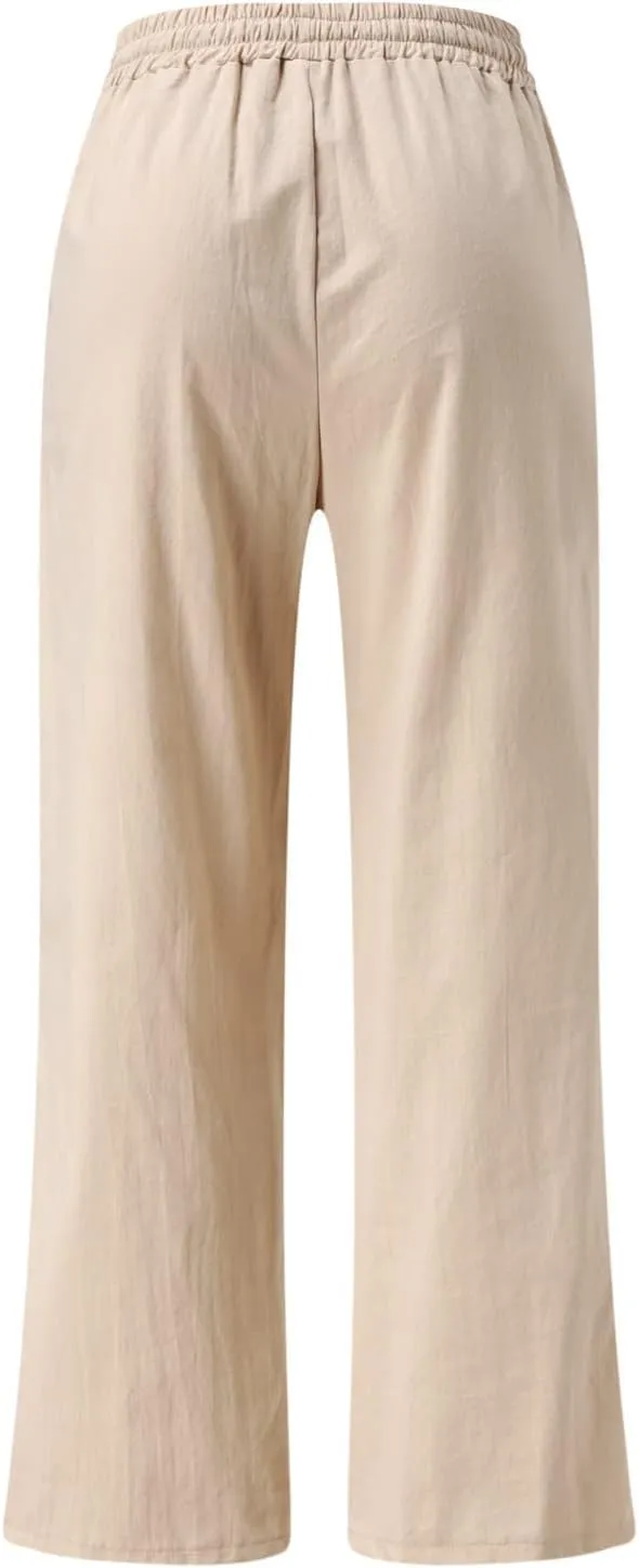 PANOEGSN Wide Leg Pants for Women Cotton Linen Casual Trousers High Rise Elastic Waist Sweatpants Comfort Loose Palazzo Pants