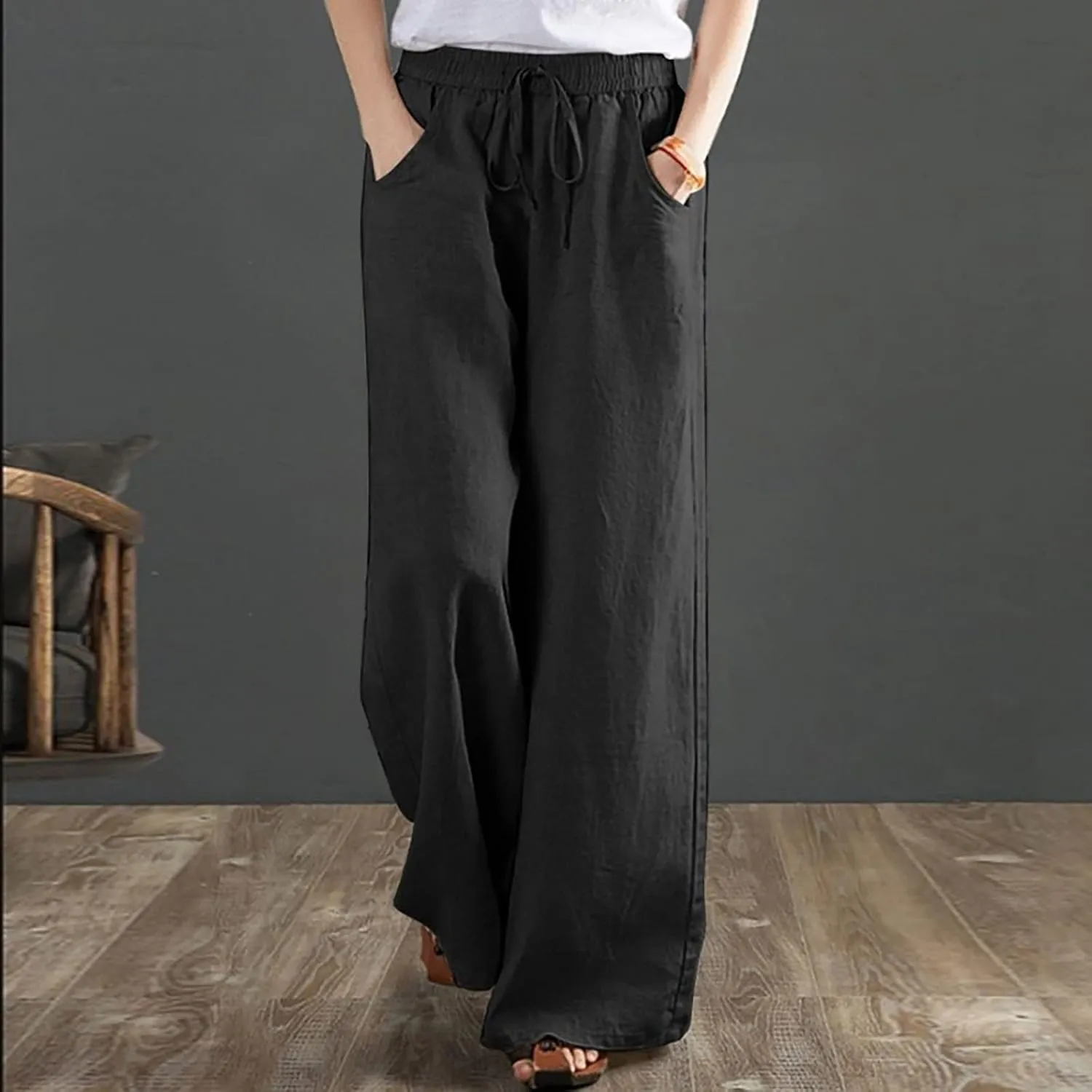 PANOEGSN Wide Leg Pants for Women Cotton Linen Casual Trousers High Rise Elastic Waist Sweatpants Comfort Loose Palazzo Pants