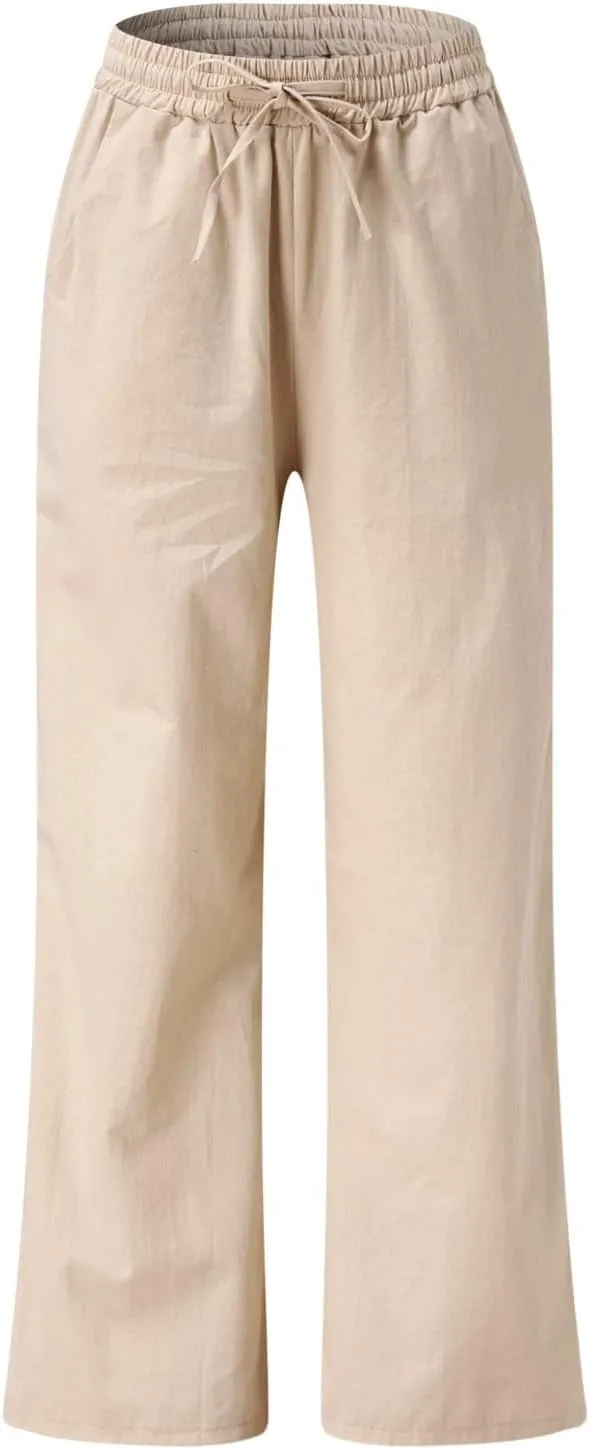 PANOEGSN Wide Leg Pants for Women Cotton Linen Casual Trousers High Rise Elastic Waist Sweatpants Comfort Loose Palazzo Pants