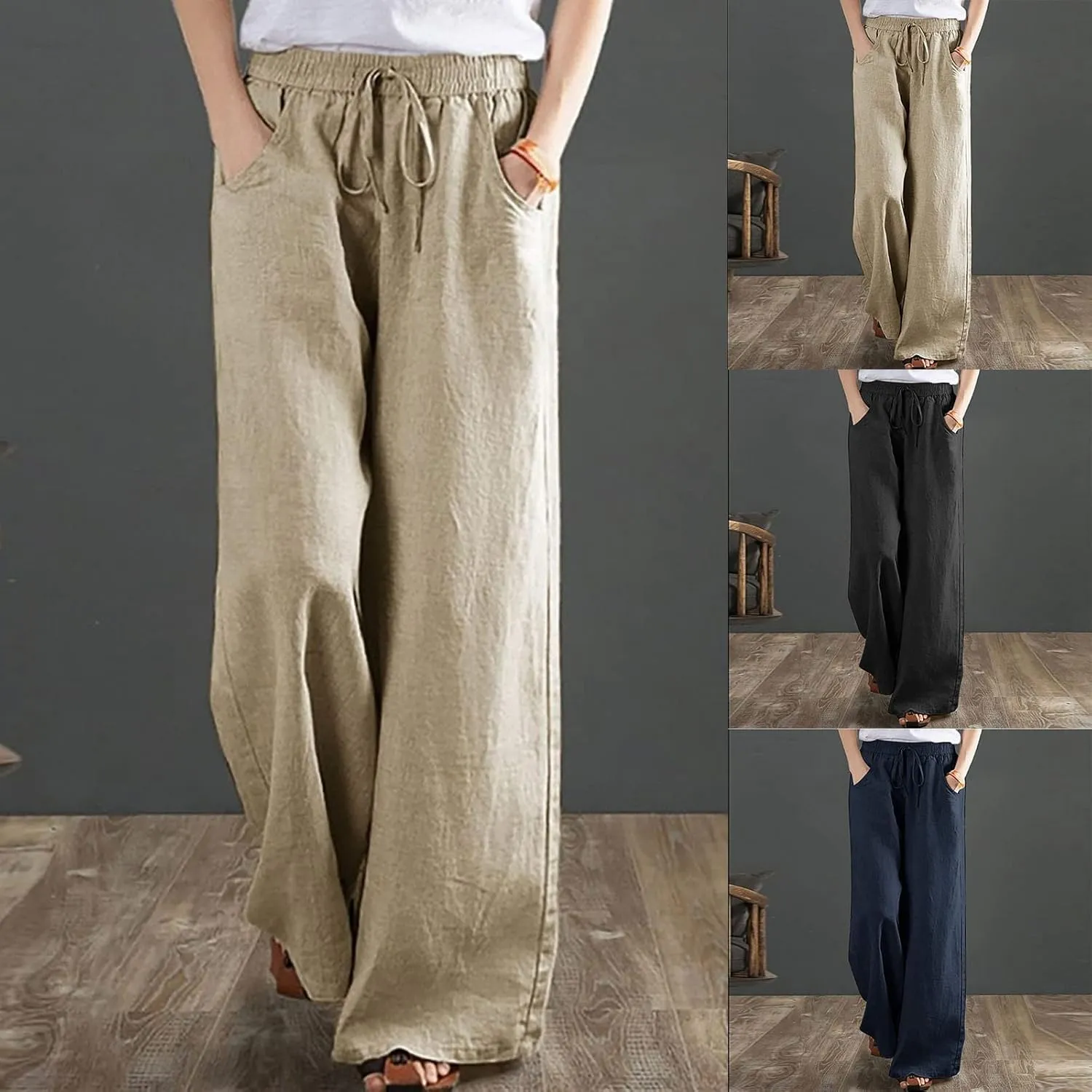 PANOEGSN Wide Leg Pants for Women Cotton Linen Casual Trousers High Rise Elastic Waist Sweatpants Comfort Loose Palazzo Pants