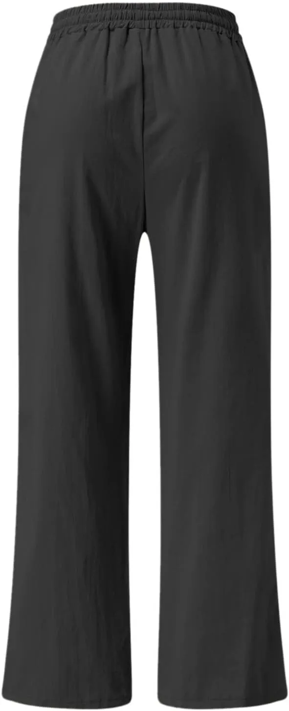 PANOEGSN Wide Leg Pants for Women Cotton Linen Casual Trousers High Rise Elastic Waist Sweatpants Comfort Loose Palazzo Pants