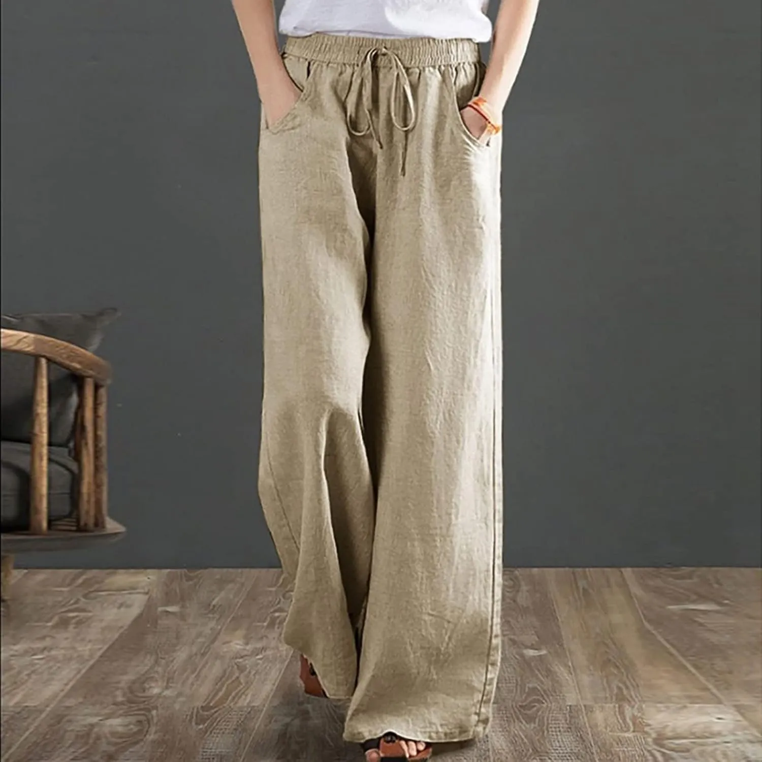 PANOEGSN Wide Leg Pants for Women Cotton Linen Casual Trousers High Rise Elastic Waist Sweatpants Comfort Loose Palazzo Pants