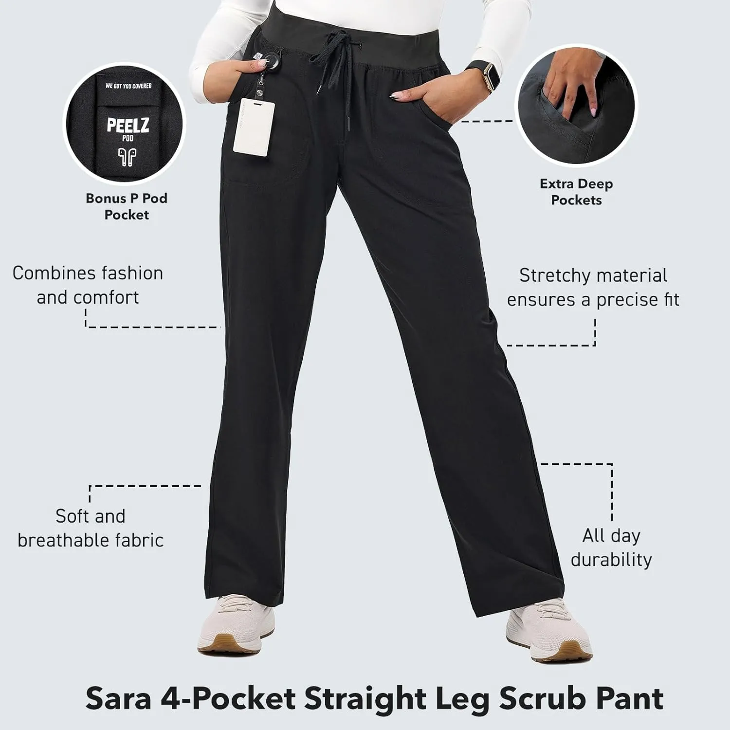 Peelz Sara 4-Pocket Straight-Leg Scrub Pants for Women - Soft Stretch Fabric Scrubs, Elastic Waistband, Comfort Fit