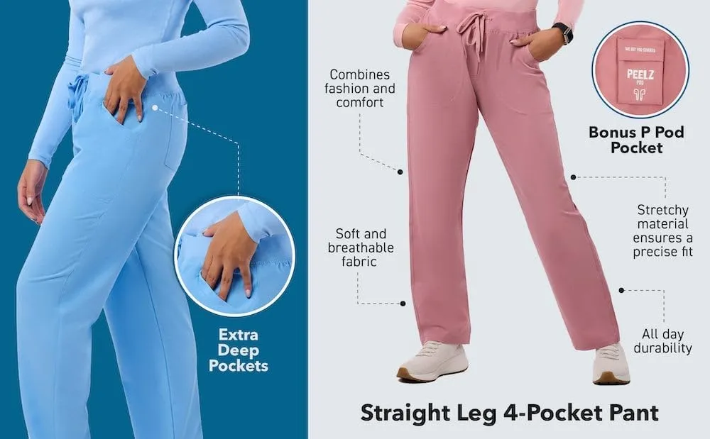 Peelz Sara 4-Pocket Straight-Leg Scrub Pants for Women - Soft Stretch Fabric Scrubs, Elastic Waistband, Comfort Fit