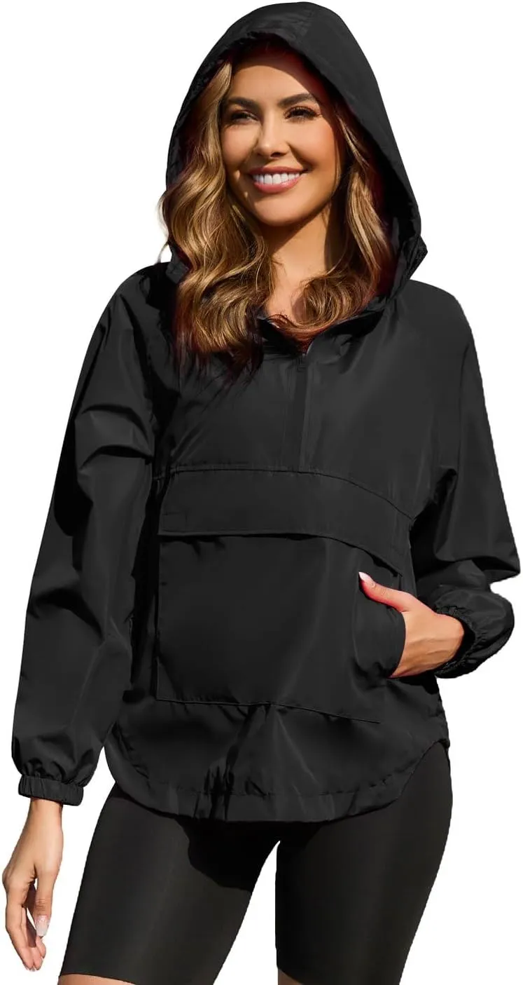 PESION Womens Packable Waterproof Raincoat Lightweight Rain Jacket, Running Cycling Hiking Windbreaker Pullover Jackets