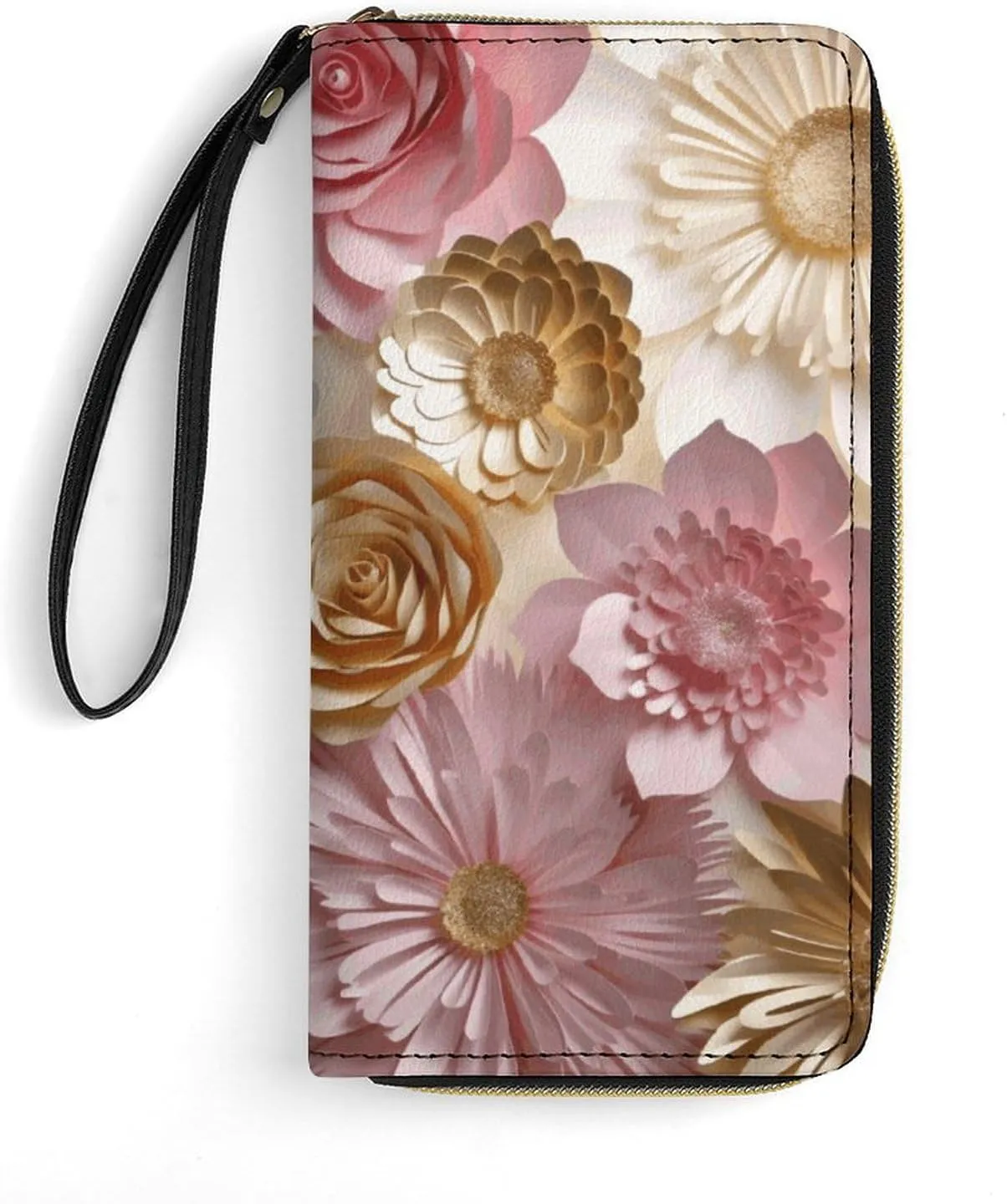Pink White Gold Flowers Leather Wallet Smooth Zip Around Clutch Wristlet Travel Long Soft Purse for Women