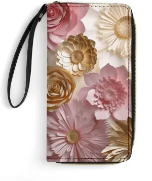 Pink White Gold Flowers Leather Wallet Smooth Zip Around Clutch Wristlet Travel Long Soft Purse for Women