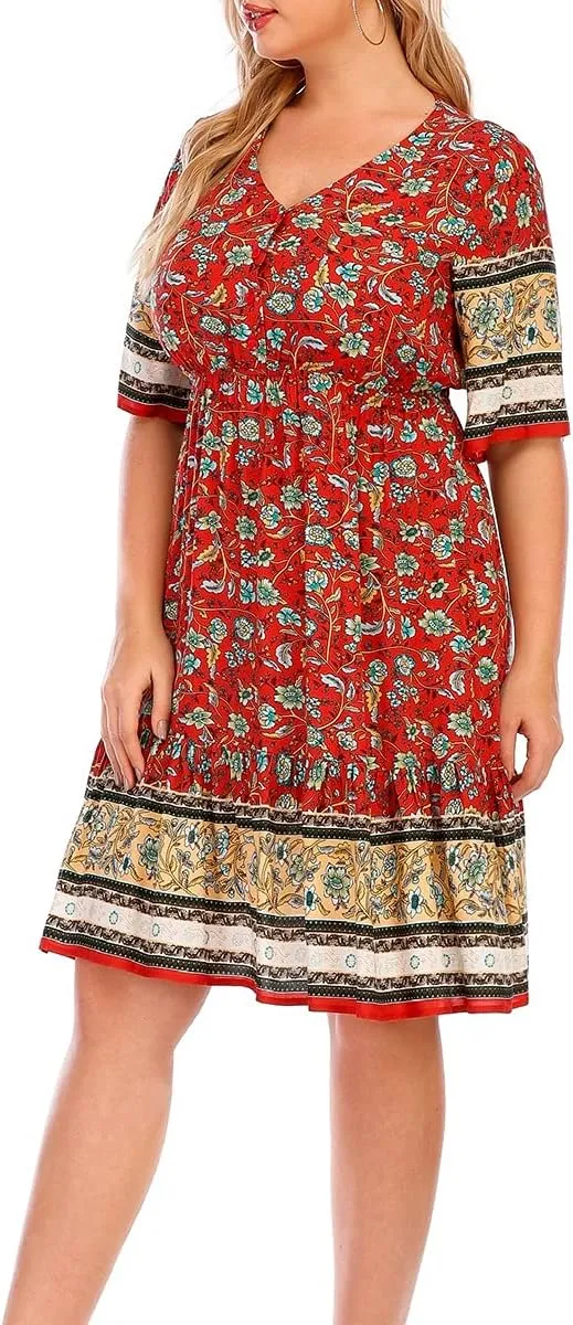 Plus Size Women's Dresses Bohemian Floral Printed Ruffle Hem Short Sleeve V-Neck Beach Mini Dress