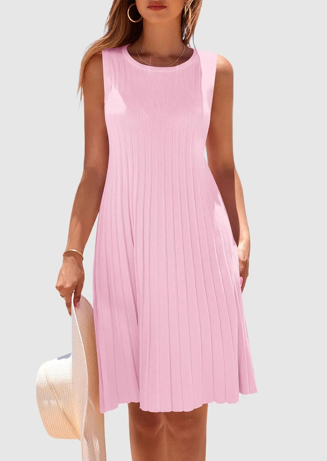 PRETTYGARDEN Womens 2025 Summer Sleeveless Mini Dress Crewneck Loose Tank A Line Pleated Swing Flowy Party Dresses