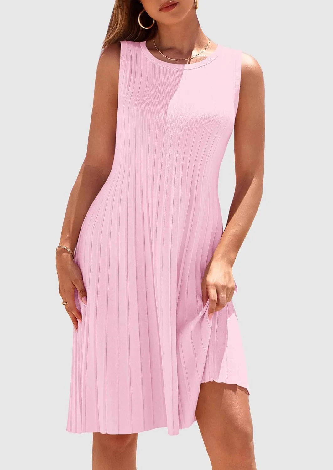 PRETTYGARDEN Womens 2025 Summer Sleeveless Mini Dress Crewneck Loose Tank A Line Pleated Swing Flowy Party Dresses