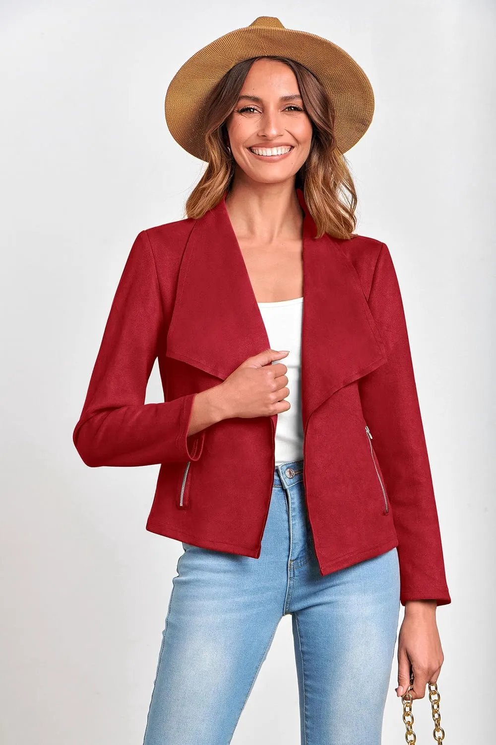 PRETTYGARDEN Women's Faux Suede Jackets 2025 Spring Fall Clothes Long Sleeve Open Front Cropped Coat Outwear