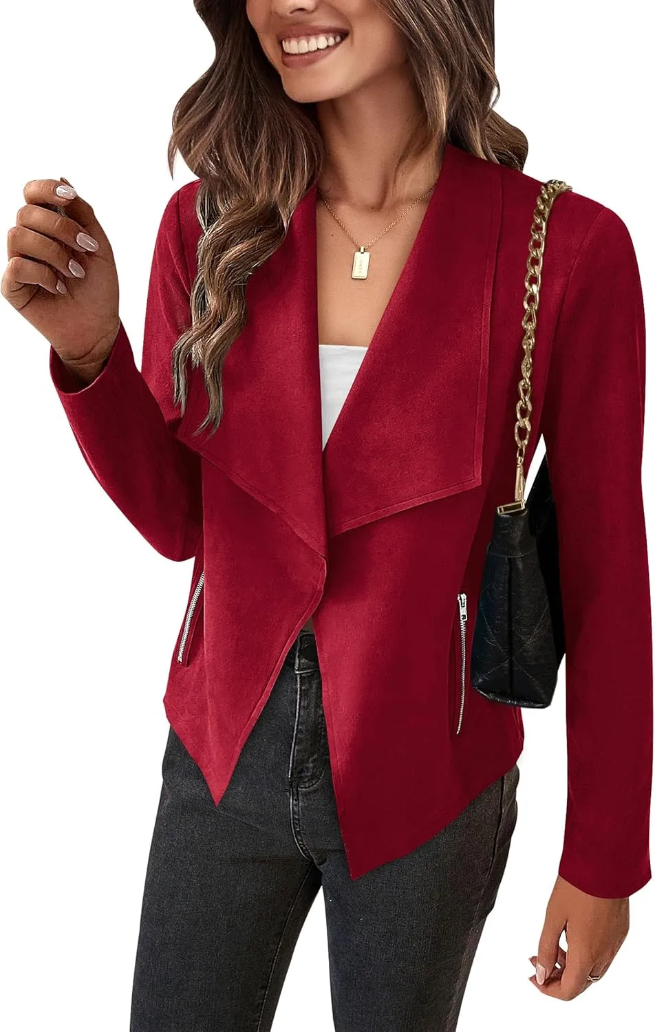 PRETTYGARDEN Women's Faux Suede Jackets 2025 Spring Fall Clothes Long Sleeve Open Front Cropped Coat Outwear