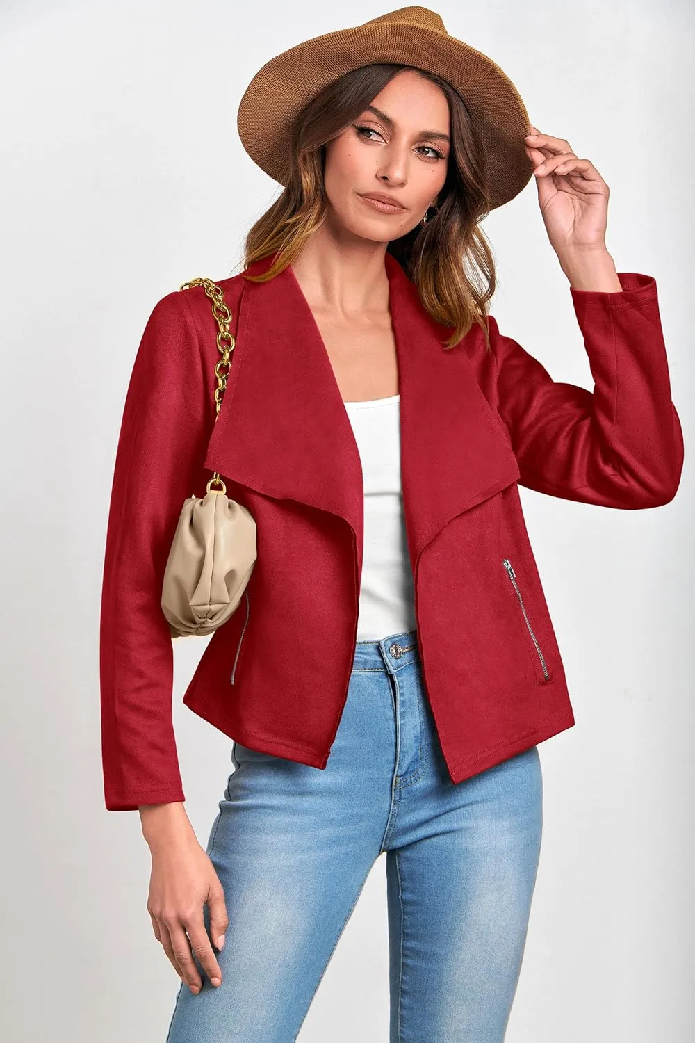 PRETTYGARDEN Women's Faux Suede Jackets 2025 Spring Fall Clothes Long Sleeve Open Front Cropped Coat Outwear