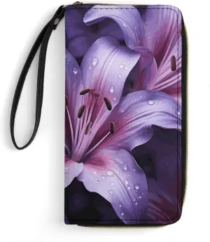 Purple Lily Flowers Leather Wallet Smooth Zip Around Clutch Wristlet Travel Long Soft Purse for Women