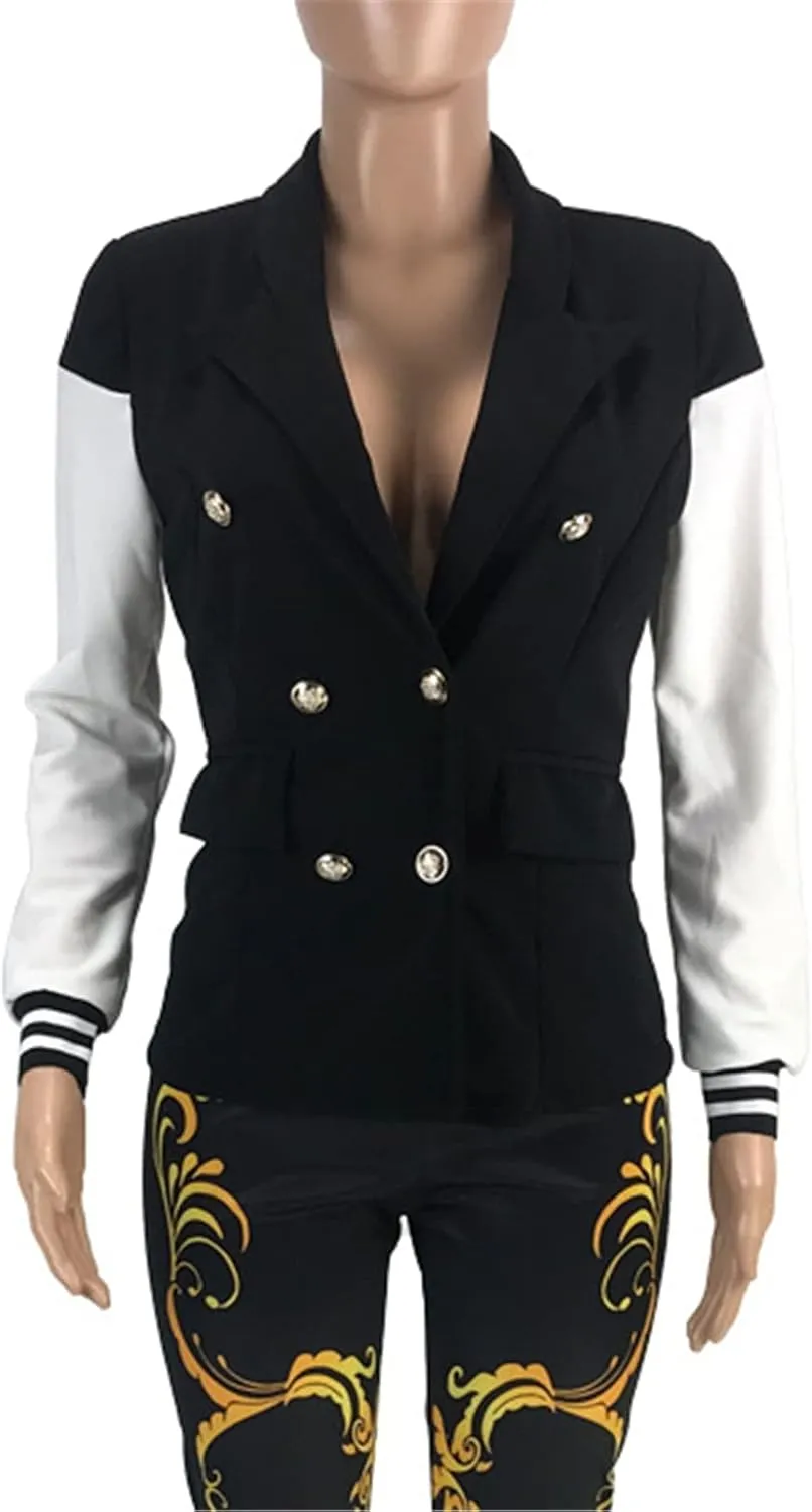 Qikaka Women's Long Sleeve Lapel Deep V Neck Paneled Double Breasted Blazer Coat Jackets