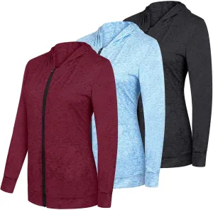Real Essentials 3 Pack: Womens Dry-Fit Long Sleeve Quarter Zip & Full Zip Up Hoodie Workout Jacket (Available in Plus)