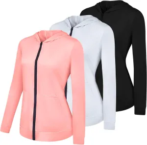 Real Essentials 3 Pack: Womens Dry-Fit Long Sleeve Quarter Zip & Full Zip Up Hoodie Workout Jacket (Available in Plus)