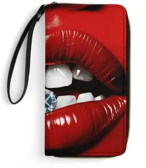 Red Lips with Diamond Leather Wallet Smooth Zip Around Clutch Wristlet Travel Long Soft Purse for Women