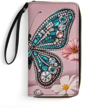 Rhinestone Butterfly Leather Wallet Smooth Zip Around Clutch Wristlet Travel Long Soft Purse for Women