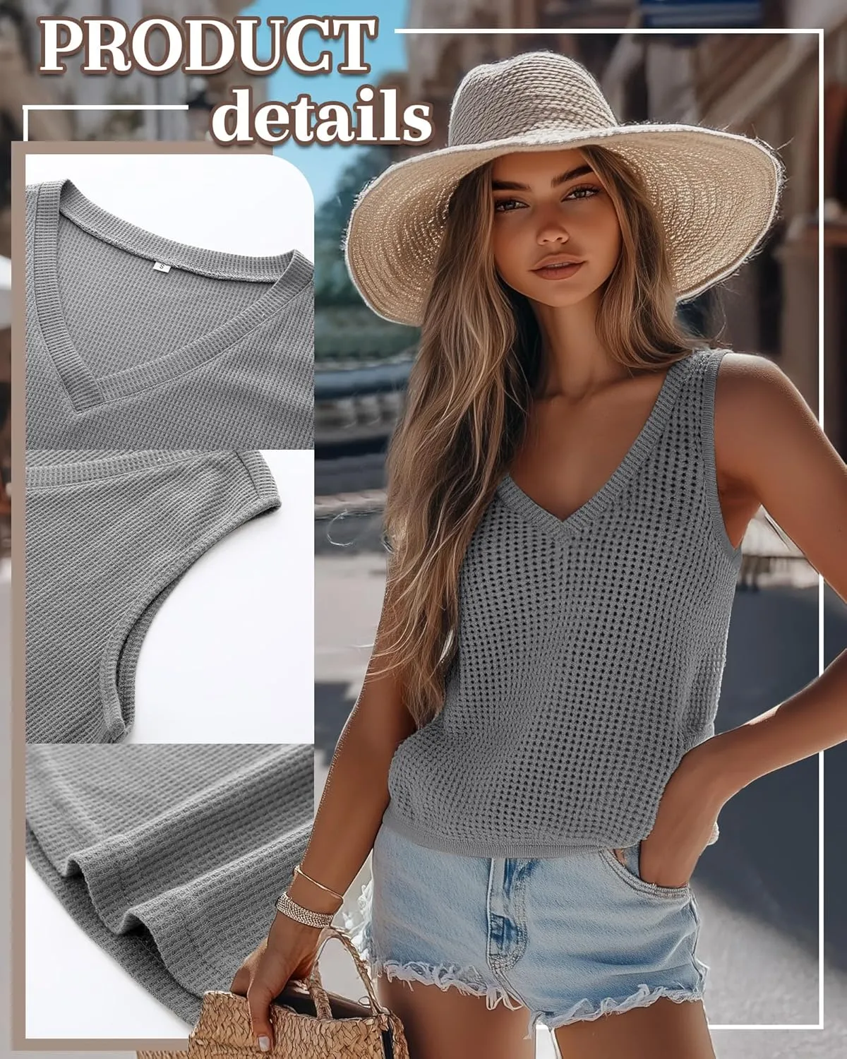 Riyiper 3 Pack Women's Waffle Knit Tank Tops, Loose Fit V Neck Sleeveless Casual Summer Curved Hem Basic Tees Flowy Shirts
