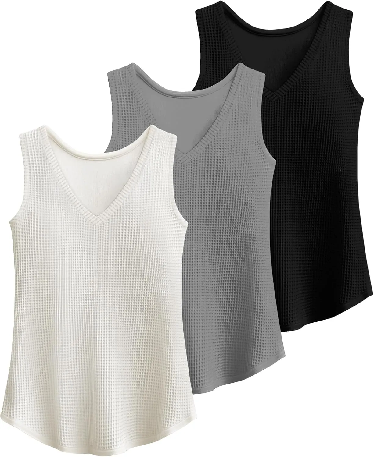 Riyiper 3 Pack Women's Waffle Knit Tank Tops, Loose Fit V Neck Sleeveless Casual Summer Curved Hem Basic Tees Flowy Shirts