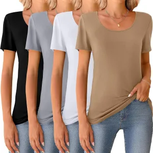 Riyiper 4 Pcs Womens Short Sleeve Shirts Scoop Neck Basic Casual T Shirts Women Basic Light Weight Layer Summer Tees