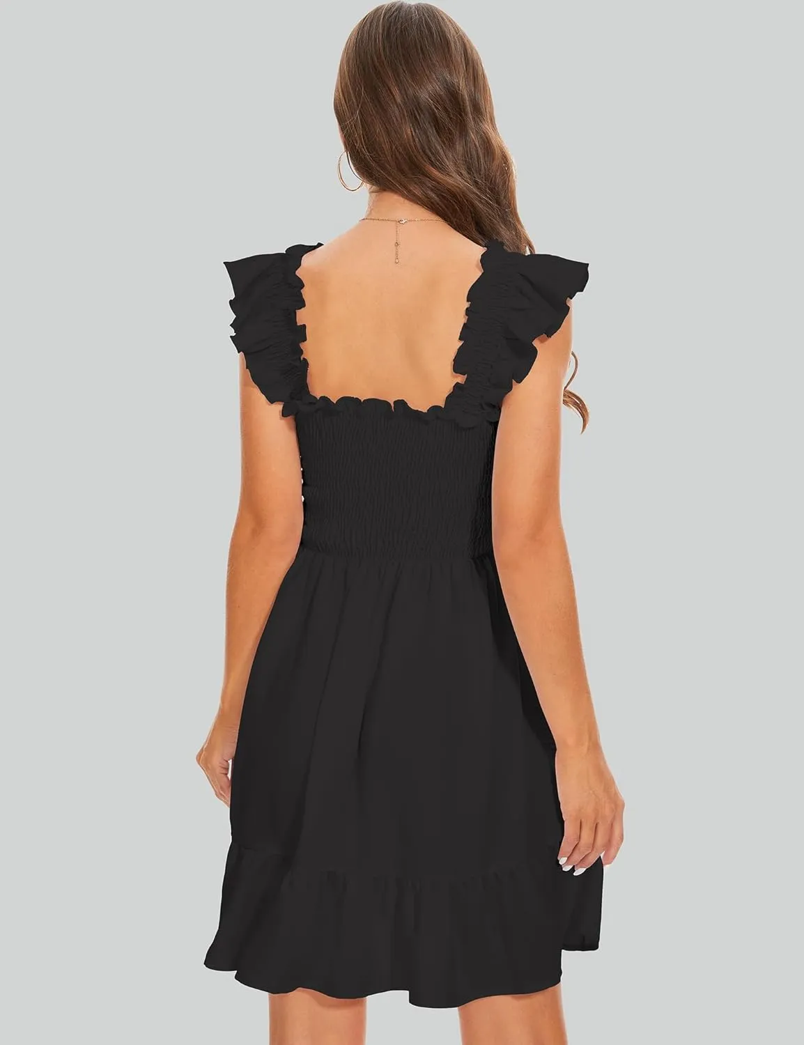 ROYLAMP Women's Smocked Dresses Square Neck Elegant Tiered Boho Ruffle Shoulder Swing Flowy Summer Casual Mini Dress