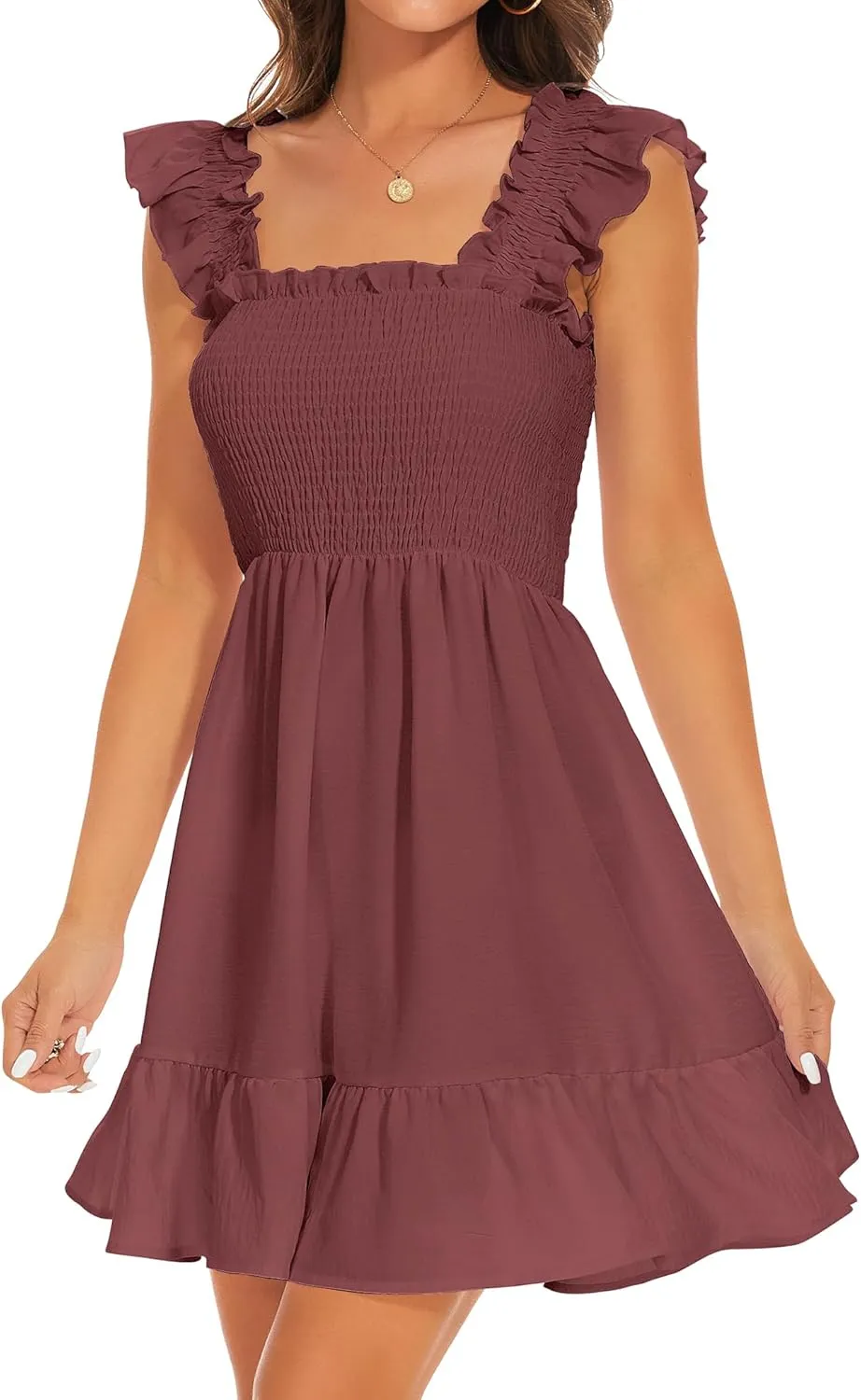 ROYLAMP Women's Smocked Dresses Square Neck Elegant Tiered Boho Ruffle Shoulder Swing Flowy Summer Casual Mini Dress
