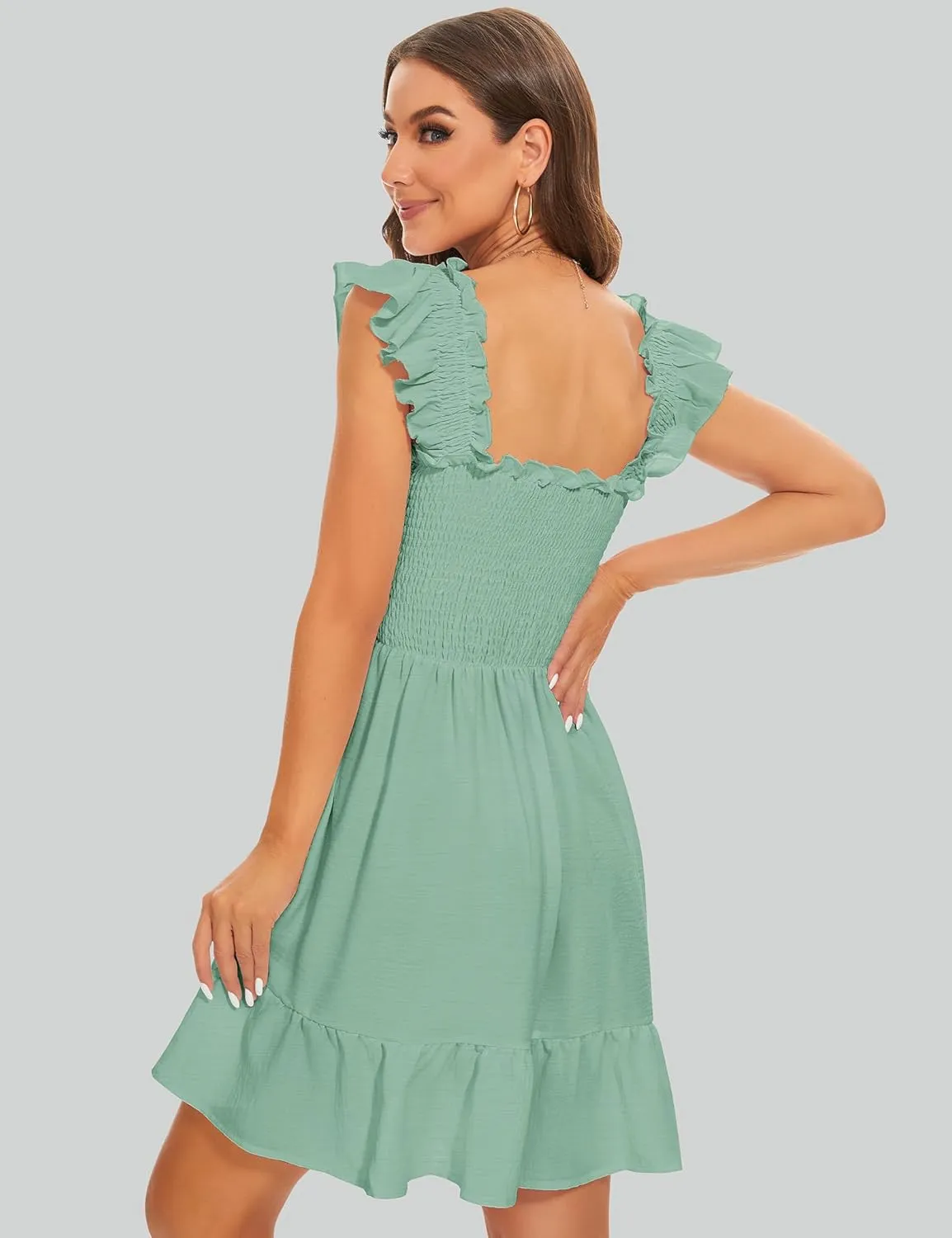 ROYLAMP Women's Smocked Dresses Square Neck Elegant Tiered Boho Ruffle Shoulder Swing Flowy Summer Casual Mini Dress